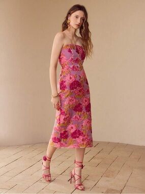 MOTF Strapless Pink Floral Midi Dress Size M